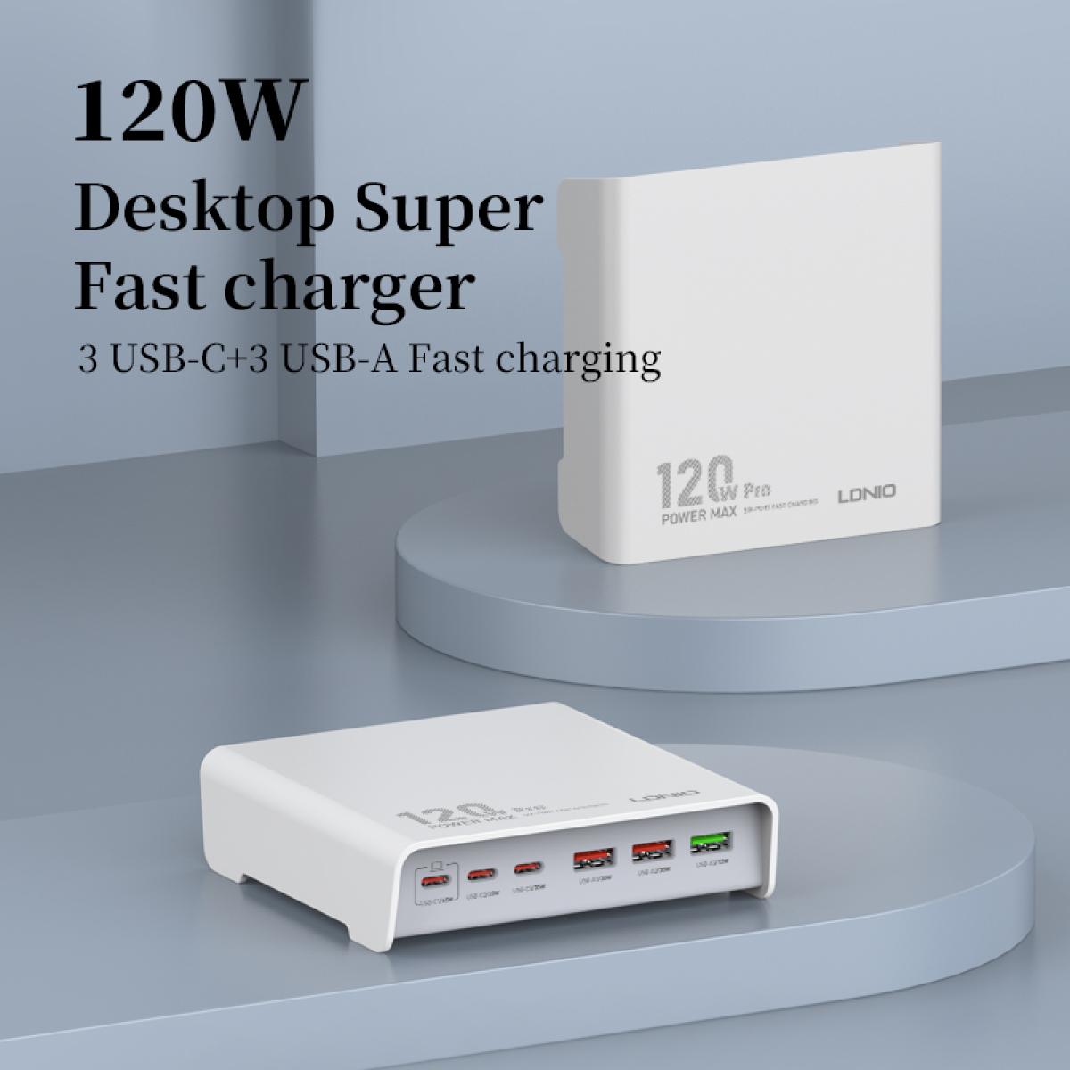 Ldnio Q605 120w 6 Ports USB - C Pd Tablet Laptop Fast Charger Multi Port High Power Desktop Charger Us EU Uk Plug Charger Adapter White