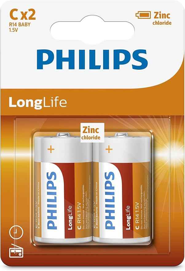 Golden Connector Philips C - Batteries - R14L2B - Battery Pack of 2 - Zinc Chloride Technology - 3 Year Shelf Life - 1.5V