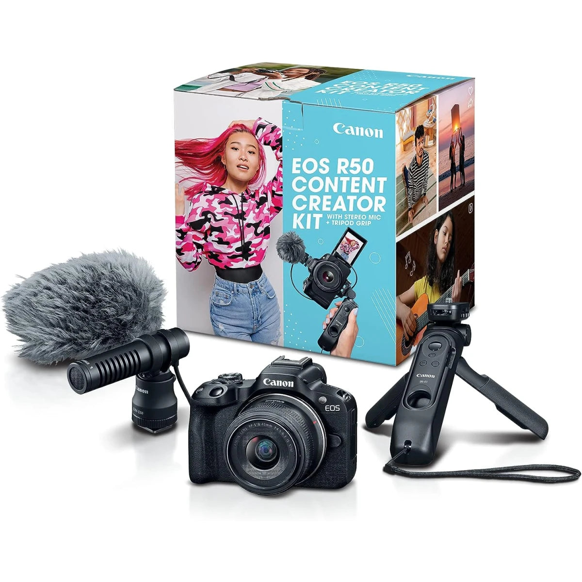 Canon EOS R50 Content Creator Kit Mirrorless Vlogging Camera 24.2 MP 4K Video RF-S18-45mm F4.5-6.3 IS STM Lens Stereo Microphone & Tripod Grip