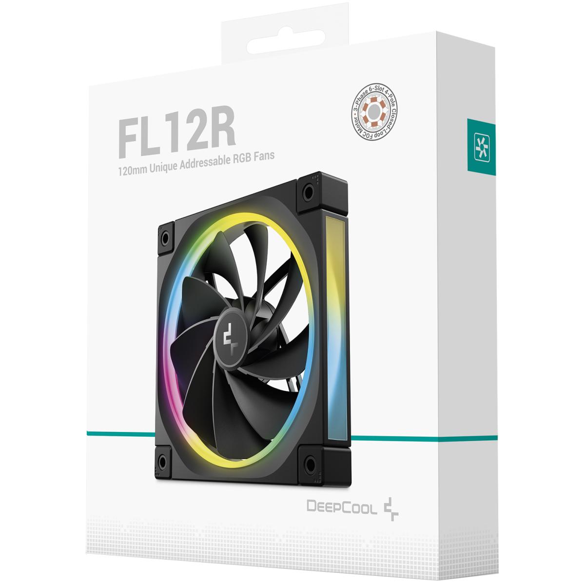 DeepCool FL12R Reversed Fan Blade 120mm Case Fans, 2150 RPM Fan Speed, 55 CFM Fan Airflow, Fluid Dynamic Bearing Type, 4-Pin PWM Fan Connector, Addressable RGB LED, Single Pack, Black DeepCool FL12R Reversed Fan Blade 120mm Case Fans, 2150 RPM Fan Speed, 55 CFM Fan Airflow, Fluid Dynamic Bearing Type, 4-Pin PWM Fan Connector, Addressable RGB LED, Single Pack, Black