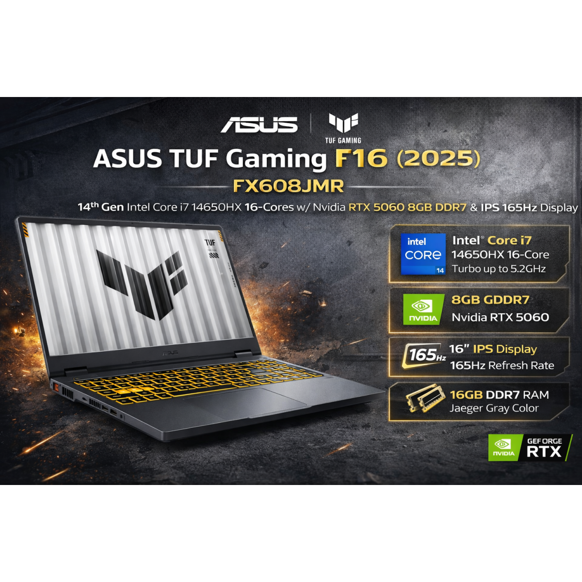 ASUS TUF Gaming F16 (2025) FX608JMR 14Gen Intel Core i7 14650HX 16-Cores w/ Nvidia RTX 5060 8GB DDR7 & IPS 165Hz Display - Gray