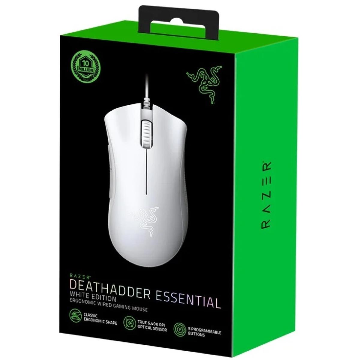 Razer DeathAdder Wired Essential Gaming Mouse 6400 DPI Optical Sensor 5 Programmable Buttons Mechanical Switches Rubber Side Grips-White - RZ01-03850200-R3M1 - - CompuMe