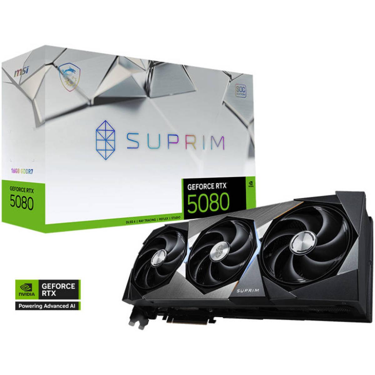 Msi Geforce Rtx 5080 Suprim Soc Graphics Card, 16gb Gddr7 256 Bit Memory, 2745 Mhz Boost Clock, 30 Gbps Memory Clock, 10752 Cuda Cores