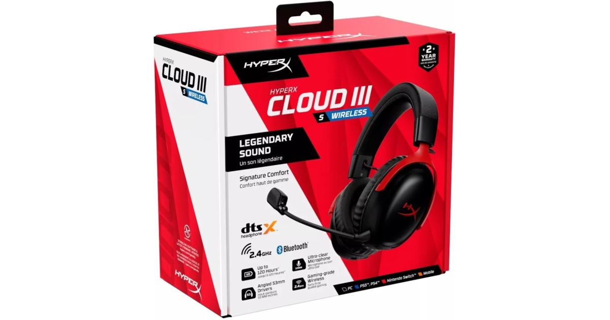 HyperX Cloud III S Wireless Gaming Headset (2.4GHz, Bluetooth), DTS:X Spatial Virtual 3D Surround Sound Spatial Audio3 Battery Life up to 120 Hours 2.4GHz / 200 Hours Bluetooth, Detachable Mic Multi-Platform– Black & Red
