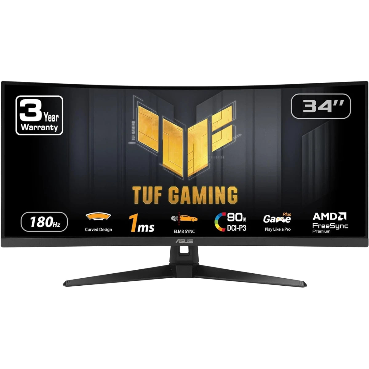 ASUS TUF Gaming VG34VQ3B Curved Monitor, 34" WQHD , 180Hz Refresh Rate, 1ms (MPRT) Response Time, AMD FreeSync Premium Technology, 16.7m Display Colors, Black