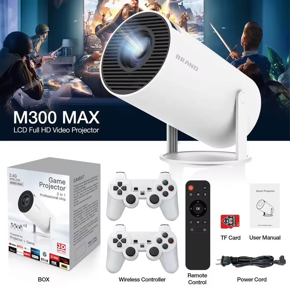 M300 MAX Retro game consoles Android 11 Portable 3D game Projector with Two Handle