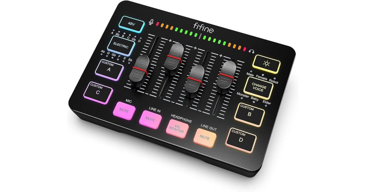 Fifine Ampligame SC3 Gaming Usb Mixer With Xlr/headset Input, Monitoring, Line In/out, Faders, Mute/voice Effect/sample