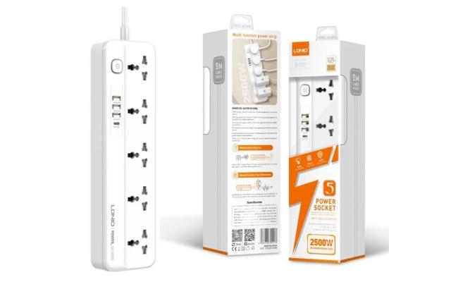 LDNIO SC5415 Popular Multi - Function Power Strip 5 Power Sockets +1PD 20W+1QC 18W+2 AUTO - ID Perfe Home/Office Charging Station - White