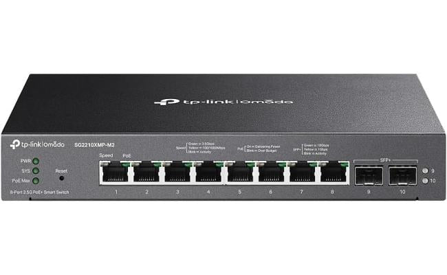 TP - Link SG2210XMP - M2 - Omada Multi - Gigabit Network Switch, 8 - Port 2.5G PoE+ ports, 160W and 2 - Port 10GE SFP+ Smart Switch