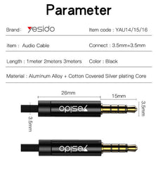 Yesido Audio Cable Aux 3.5Mm Standard, 3Mm, Black - YAU-16
