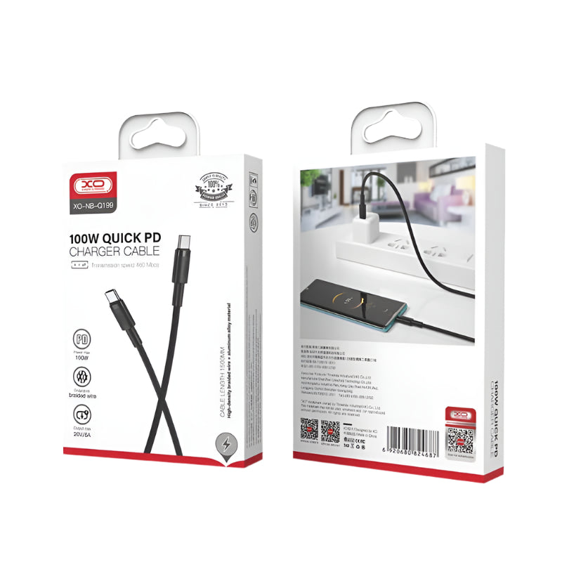 XO Cable Fast Charger, TypeC to TypeC, 100Watts, 1.5Mm, Black - XO-NB-Q199