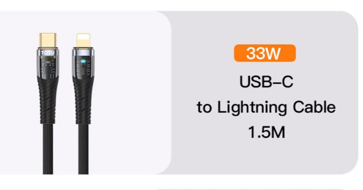 Totu Data Cable Transparent Woven, USB-C to Lightning, Black - CB-8-PD