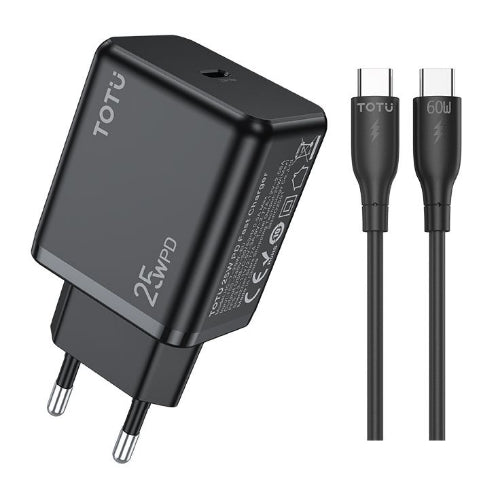 Totu Wall Fast Charger with Cable PD3.0, 25Watts, Black - HC-7-Cable