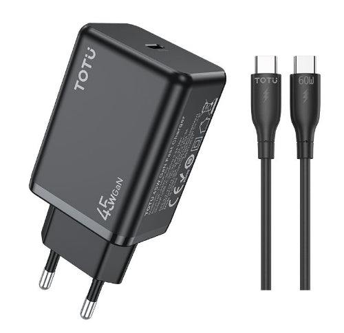 Totu Wall Fast Charger Gan, Cable Type-C To Type-C, 45Watts, Black - HC-7-45W -USB-C