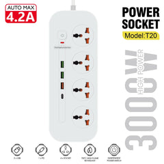 Power Socket- 4 Ac Auto Max 4.2A 3000W/ Cable 2M - T20-2M