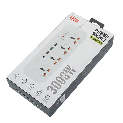 Power Socket- 4 Ac Auto Max, 4.2A, 3000Watts, 3M, White - T20-3M