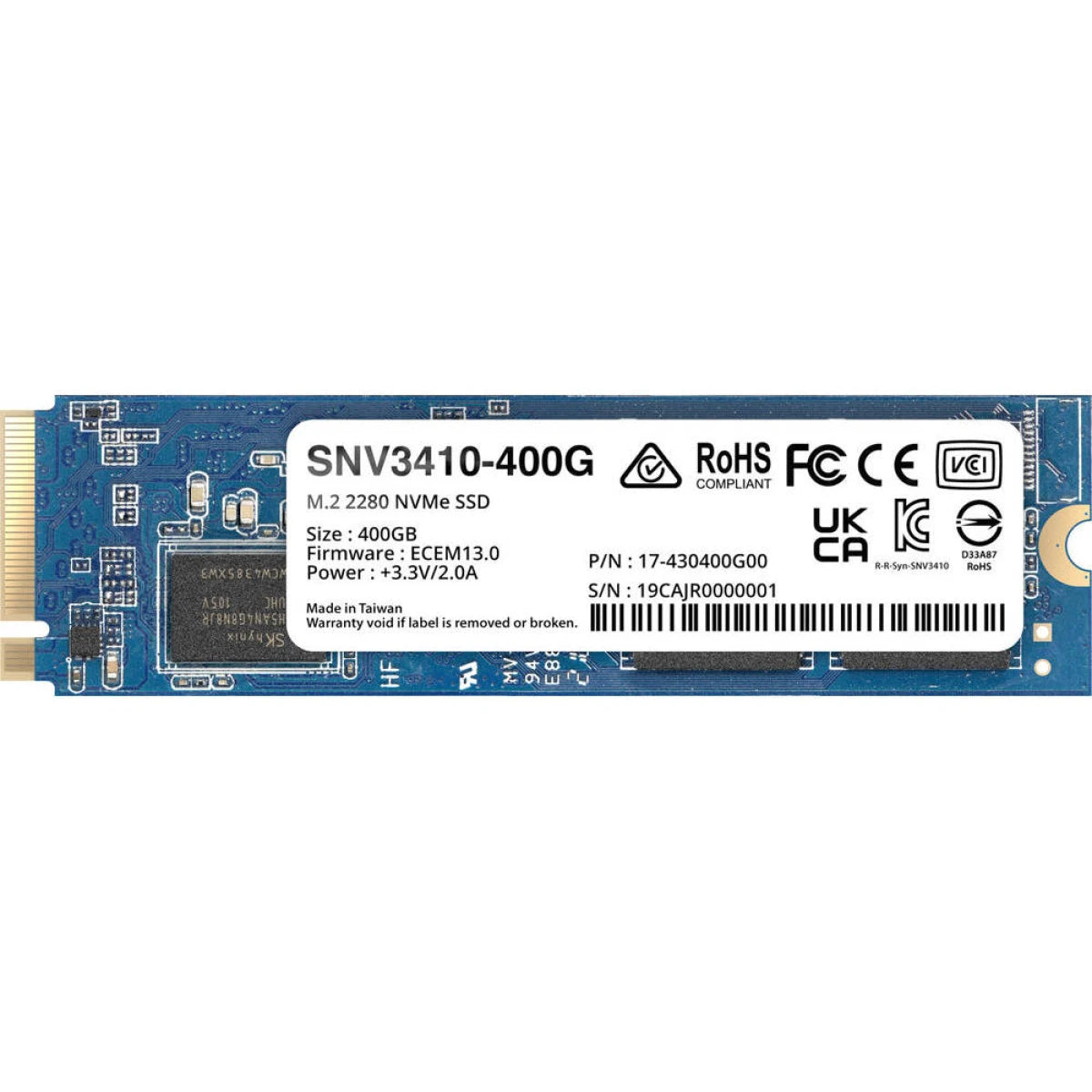 Synology SNV3410 400GB NVMe M.2 2280 Internal SSD, Up to 3000 MB/s Sequential Read & 750 MB/s Sequential Write Speed, PCIe 3.0 x4 Interface, 491 TBW, 1.8M Hours MTBF