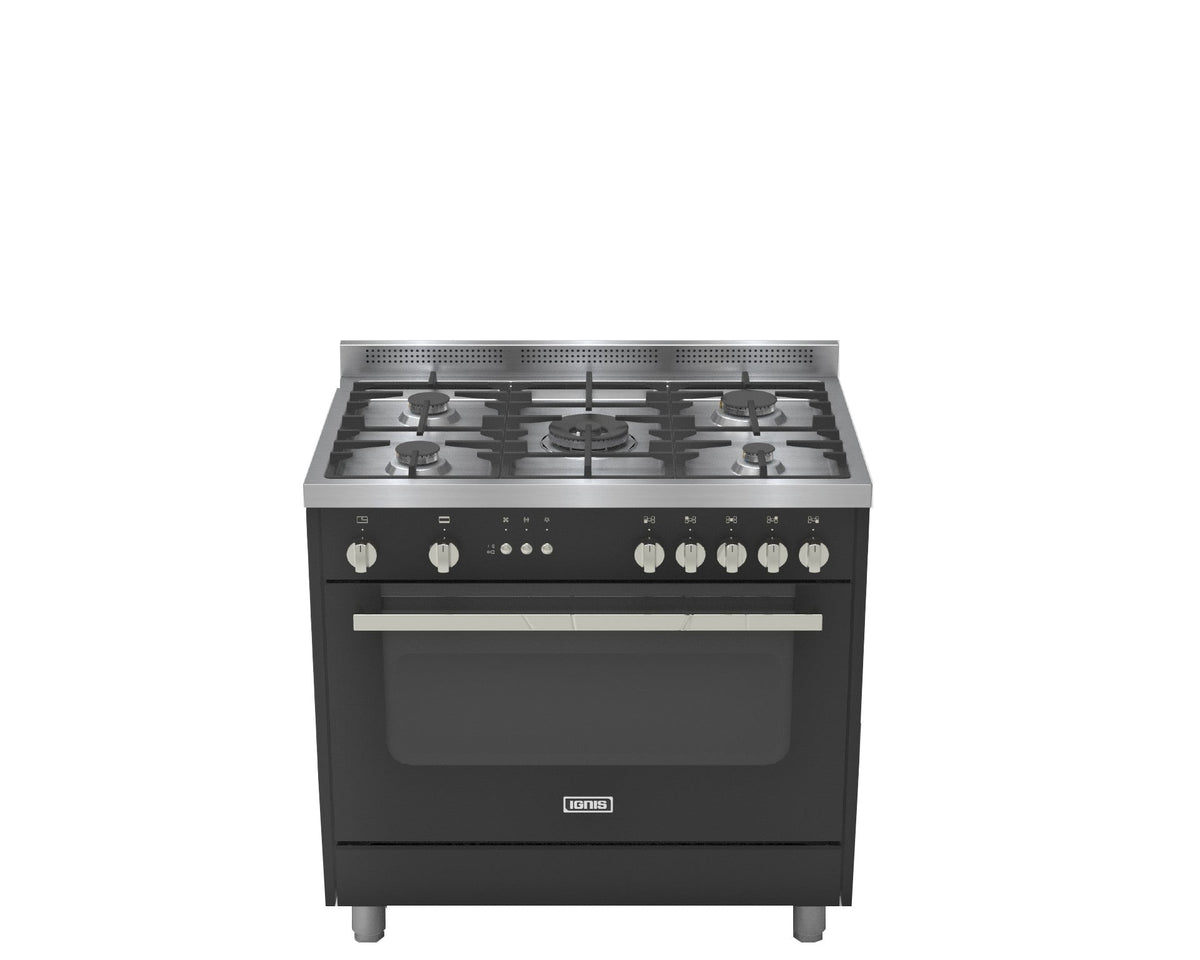 Ignis Oven 90Cm, 5 Burners, Surface height 4Cm, Large Cooking Area, Full Glass Door, Black - GPD194F2LB