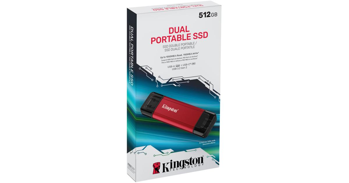 Kingston Dual Portable SSD (512GB) USB 3.2 Gen 2 (USB Type-A and Type-C) Portable External Solid State Drive (SSD) Up to Up to 1,050MB/s Read, 950MB/s Write