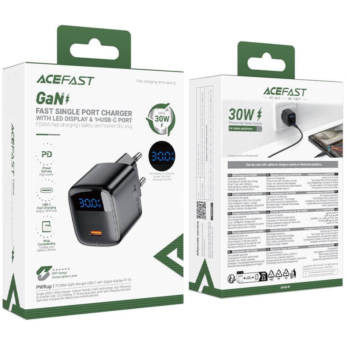 ACEFAST A113 Fast Charge Wall Charger 20W GaN LED Digital Display Multiple Safety Protection 1x USB-C - EU Interface