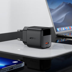 ACEFAST A113 Fast Charge Wall Charger 20W GaN LED Digital Display Multiple Safety Proteion 1x USB-C - EU Interface, with a 1M USB-C to USB-C fast charging cable - Black