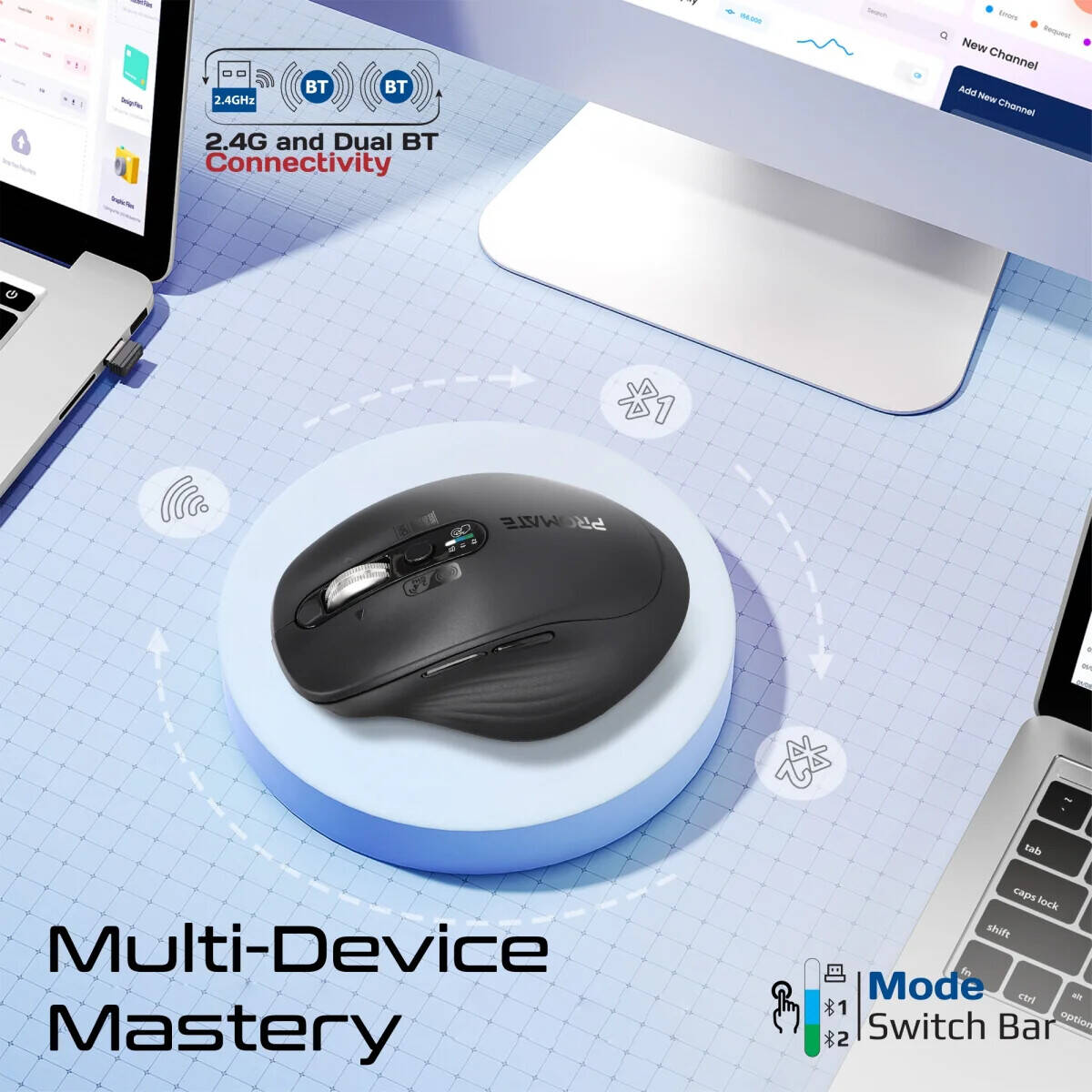 Promate Samotri Wireless Mouse, 3200dpi Adjustable Resolution, Silent Operation, Smart Flying Scroll Wheel, 4 Way Navigation, Os Auto Recognition, Tri Conneivity, Bluetooth 5.0, Black Promate Samotri Wireless Mouse, 3200dpi Adjustable Resolution, Silent Operation, Smart Flying Scroll Wheel, 4 Way Navigation, Os Auto Recognition, Tri Conneivity, Bluetooth 5.0, Black