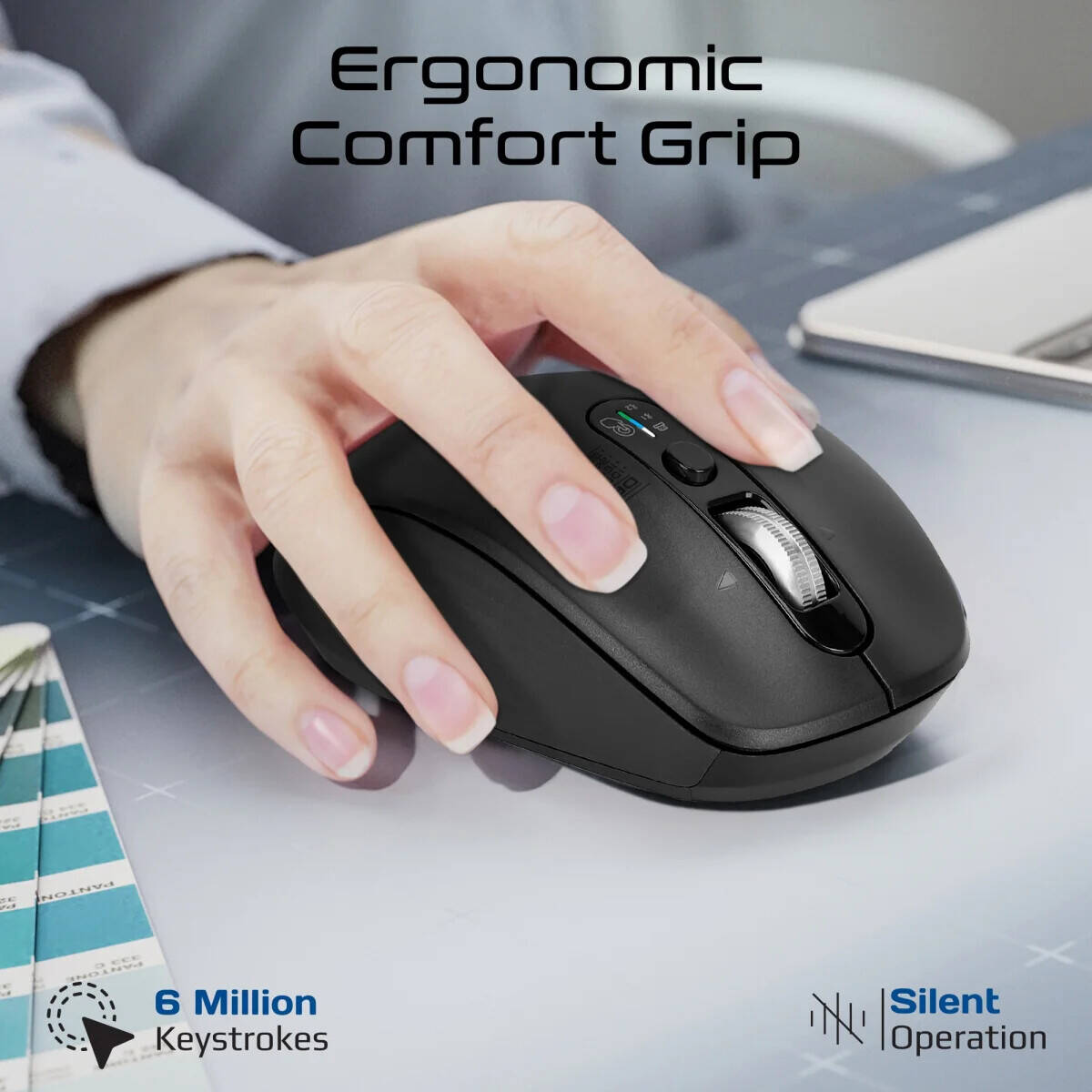 Promate Samotri Wireless Mouse, 3200dpi Adjustable Resolution, Silent Operation, Smart Flying Scroll Wheel, 4 Way Navigation, Os Auto Recognition, Tri Conneivity, Bluetooth 5.0, Black Promate Samotri Wireless Mouse, 3200dpi Adjustable Resolution, Silent Operation, Smart Flying Scroll Wheel, 4 Way Navigation, Os Auto Recognition, Tri Conneivity, Bluetooth 5.0, Black