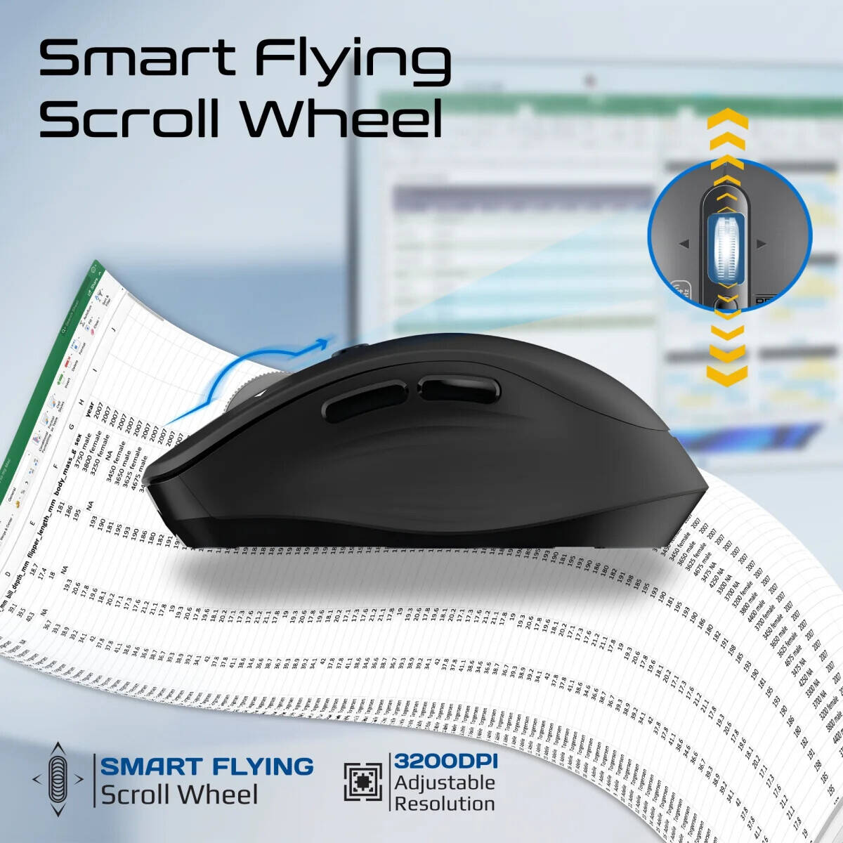 Promate Samotri Wireless Mouse, 3200dpi Adjustable Resolution, Silent Operation, Smart Flying Scroll Wheel, 4 Way Navigation, Os Auto Recognition, Tri Conneivity, Bluetooth 5.0, Black Promate Samotri Wireless Mouse, 3200dpi Adjustable Resolution, Silent Operation, Smart Flying Scroll Wheel, 4 Way Navigation, Os Auto Recognition, Tri Conneivity, Bluetooth 5.0, Black