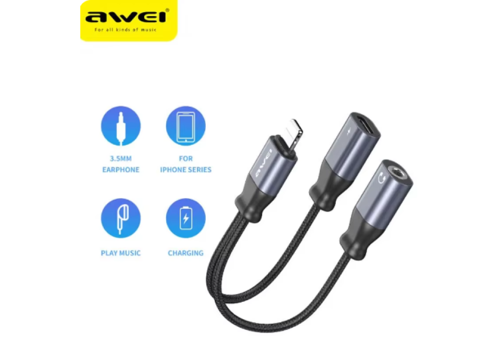 AWEI CL-73 Lightning cable to 3.5 mm Earphone Jack 2 in 1 AUX Headset Adapter For iPhone 14 13 12 Pro Max Headphones Converter