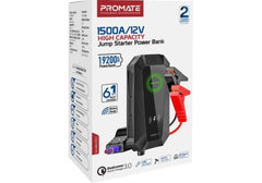 Promate HexaBolt-20 Jump Starter with 19200mAh Power Bank, Safety Hammer, LED Light, Smart Clamps and 10W Qi Wireless Charger