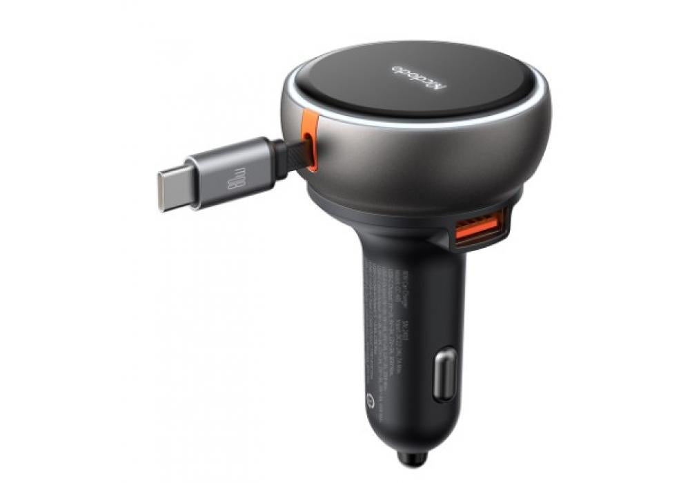 MCDODO CC4850 80W CAR CHARGER BUILT-IN 80CM RETRACTABLE CABLE - BLACK - 18 Months Warranty