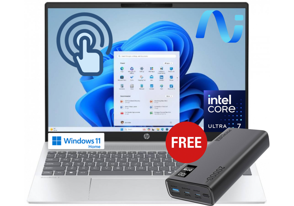 HP OmniBook 5 Laptop AI 16 Free Power Bundle, Intel® Core™ Ultra 7 255U 5.2 GHz, 16 GB LPDDR5x, 512 GB M.2 SSD, 16" 2K Touch Screen, Wi-Fi 6E, Bluetooth 5.3, Windows 11 Home w/ Promate Bolt-20PD Universal 20000mAh 20W Power Bank