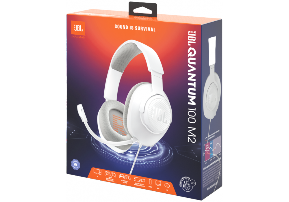 JBL Quantum 100M2 - Wired Over-Ear Gaming Headset with omnidirectional, Detachable mic with Mute Option and Fabric-Covered Memory Foam Ear Cushions, Compatible with All Platforms (White)