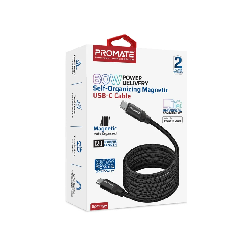 Promate Springy USB-C to USB-C Premium Magnetic Self-Organizing Cable with 60W PD
