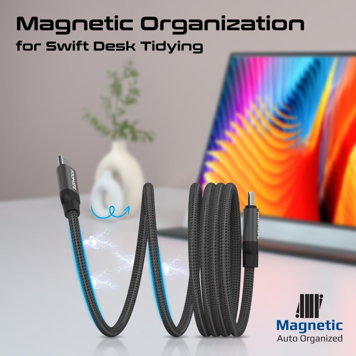 Promate And 120cm with 60w black USB magnetic braided USB cable Springy to Self Organizing