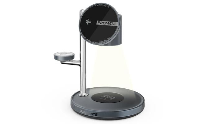 Promate Synergy 4 In 1 QI2 Certified Magsafe Compatible Wireless Charging Station with Soft Glow Night Lamp Black