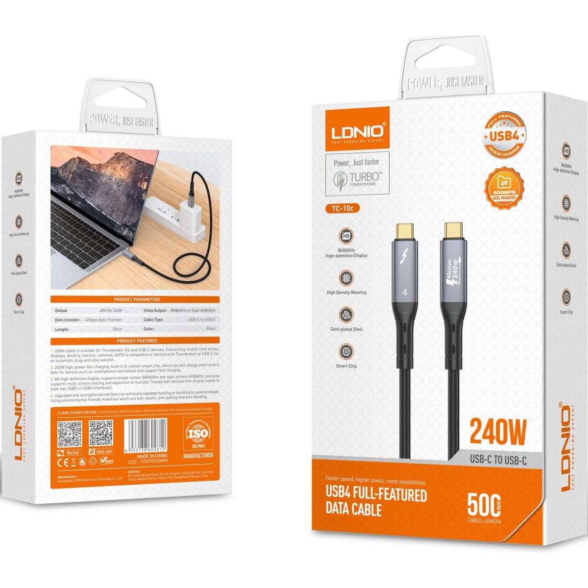 LDNIO TC11C Thunderbolt 4 Certified USB C to USB C Cable, 8K/4K Display/40Gbps / 240W Super-Fast Charger Cable 1M - Black