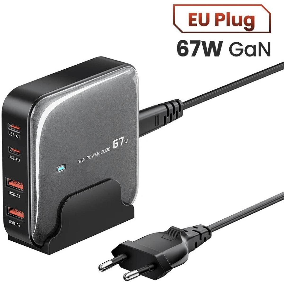 TOOCKI 67W 4-Port USB PD Charger 2USB-A+2USB-C PD QC3.0 PPS Fast Charging Desktop Charging Station EU Plug with 1.5M AC Cable for iPhone 16 16 Pro 15 14 13 Pro Max for Huawei Mate XT for Xiaomi 15 pro - Black