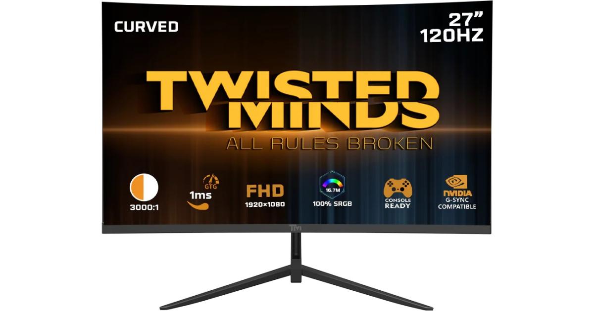 Twisted Minds 27" Curved Monitor VA Full HD 1080p @120Hz 1ms, HDR300, 100% sRGB , FreeSync & G-Sync Compatible, HDMI 2.1 w/ RGB Rear Backlight Light & Speakers