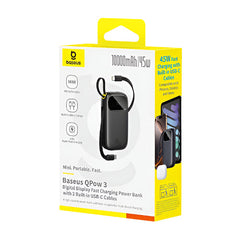 Baseus Energy Fill Digital Display Power Bank, 2Built-in USB-C Cables, 10000Mah, Cosmic Black - P10082102123-00