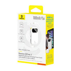 Baseus Energy Fill FC31 Digital Display Power Bank, 2Built in USB-C Cables, 10000Mah, Moon White - P10082102213-00