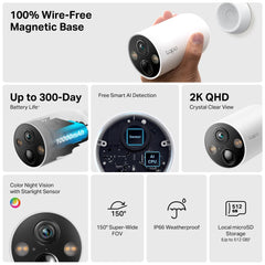 Tp-Link Smart Wire-Free Security Camera & Solar Panel, Color Night Vision, 2K Live View - Tapo C410 KIT