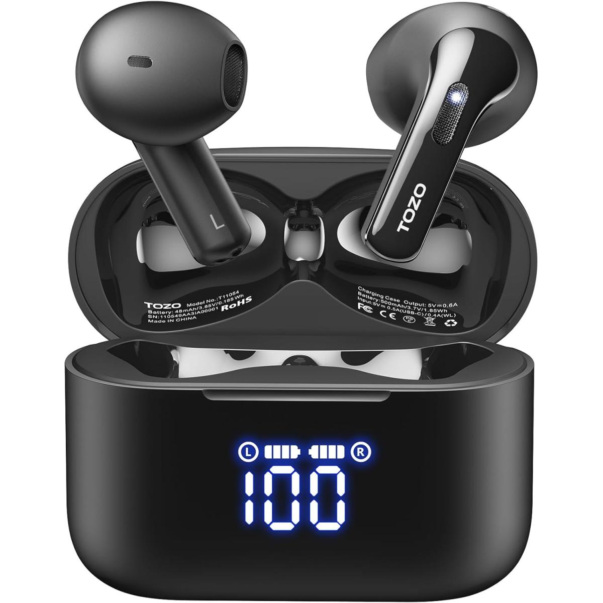 Tozo Tonal Fits Wireless Earbuds Bluetooth 5.3 In Ear Headphones Dual Mic Call Noise Cancelling Ipx8 Waterproof 44h Playback Stereo Sound With Led Display Wireless Charging Case Black - CompuMe