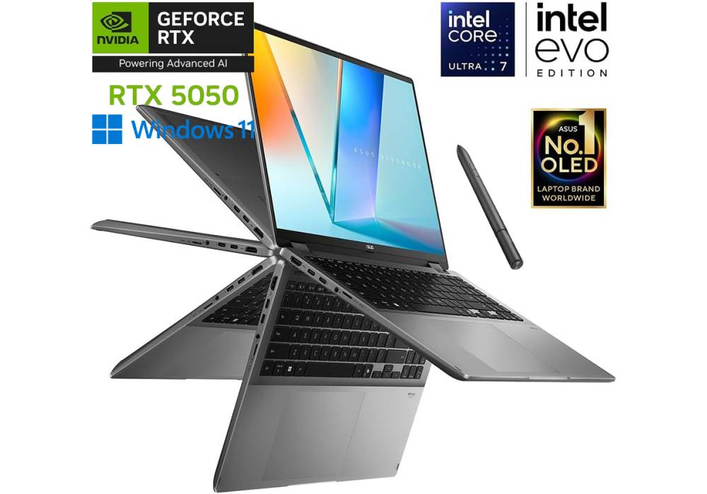 Laptop ASUS Vivobook 16 Flip (TP3607SH), Intel® Core™ Ultra 7 256V, NVIDIA® GeForce RTX™ 5050 8GB GDDR7, 16GB LPDDR5X, 1TB SSD NVMe, 16" 3K OLED Touch w/ SA203H Pen, Thunderbolt 4, Wi-Fi 7, BT 5.4, Windows 11 Home - Matte Gray