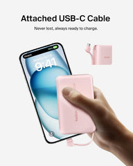 Belkin Boost Charge Power Bank 10000Mah, PD 20Watts, USB-C Integrated Cable and USB-C Port, Pink - BPB021hqPK