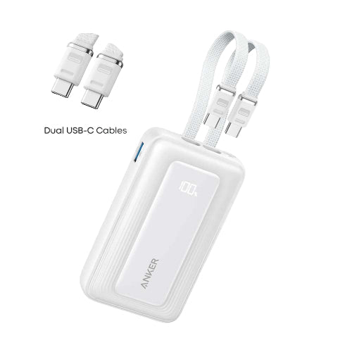 Anker Zolo Power Bank, Built-In Dual USB-C Cables, 10000Mah, 35Watts, White - A1680H22