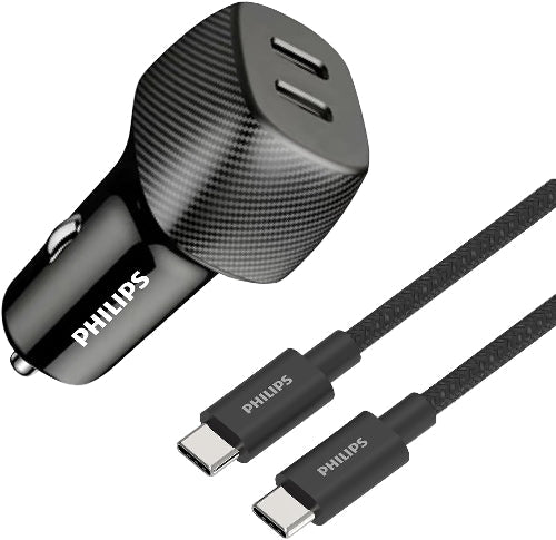 Philips 60W Dual USB-C Car Charger with USB-C Cable – Black (DLP5522CC)