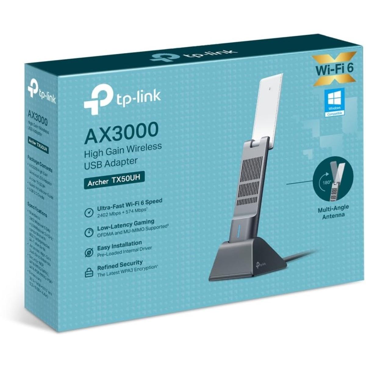 Tp Link Archer Tx50uh Ax3000 High Gain Wireless Usb Adapter 3000mbps Dual Band Wifi 6 High Gain Antennas & Beamforming Usb 3.0 Black - CompuMe