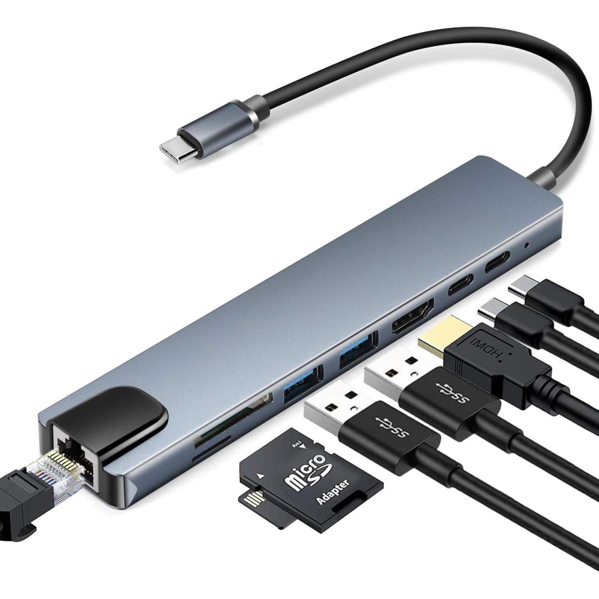 8 in 1 Multifunctional Type-C to HDTV Ethernet USB SD TF Adapter Hub