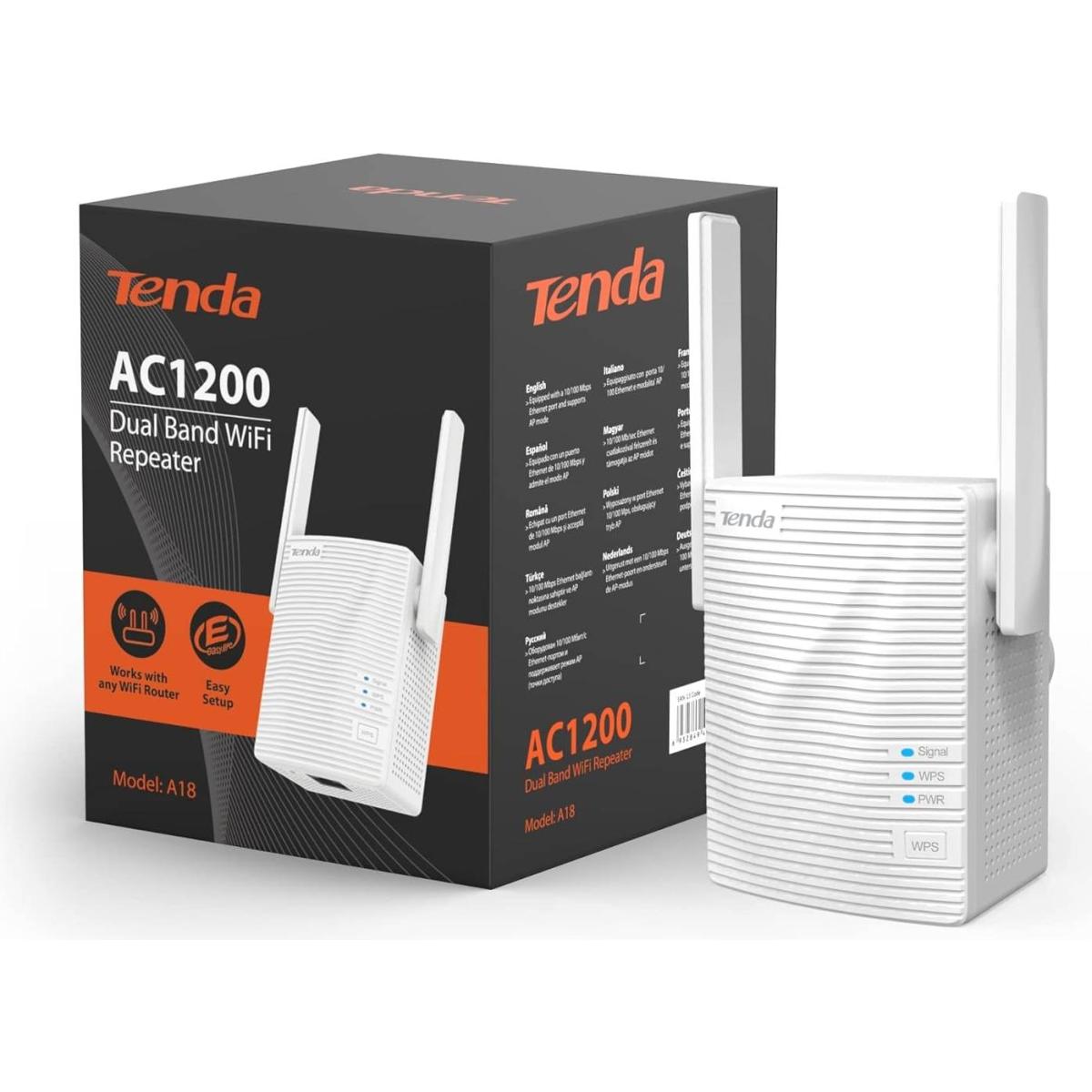 Tenda A18 AC1200 Dual Band Universal Wi-Fi Repeater, Broadband/Wi-Fi Extender, Wi-Fi Booster/Hotspot, with 1 Ethernet Port, works with all broadband providers